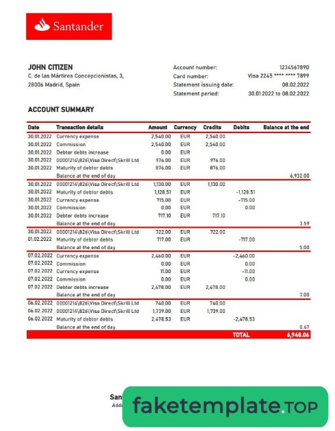 Feature of fake Spain Santander bank statement xls